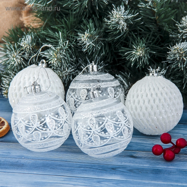 Ёлочные игрушки «Изморозь», шары новогодние, d=8 см, набор 5 шт., белый