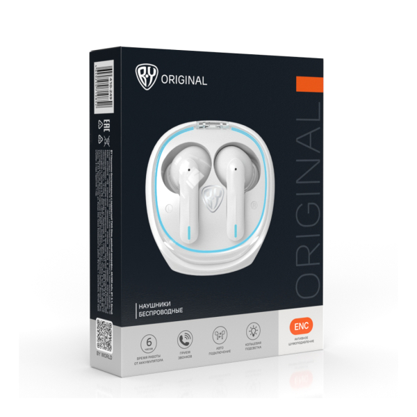 BY Наушники беспроводные с подсветкой TWS Glow, двойной микрофон, 40/400 мАч, BT: 5.1, белый