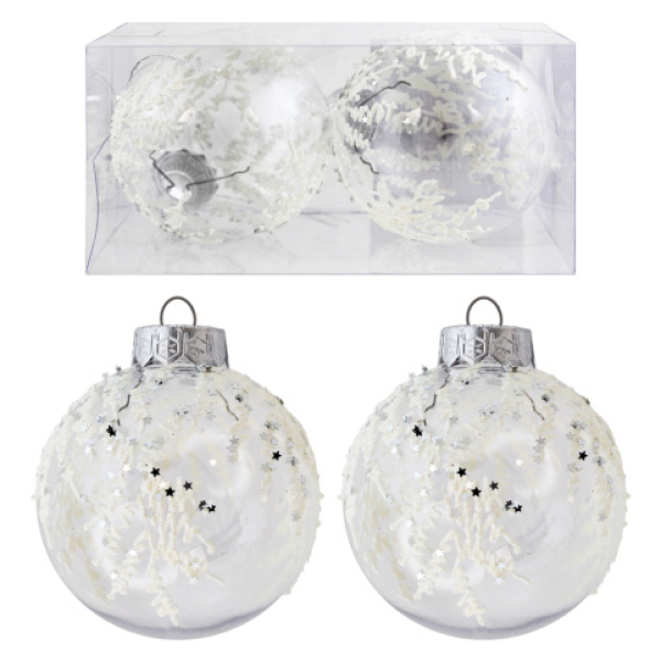 Украшение Елочное "Шары "Снежное чудо" 2шт. d-8см.прозрачный с белым