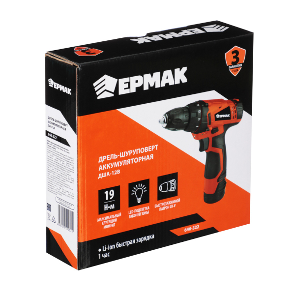 ЕРМАК Дрель-шуруповерт аккумуляторная ДША-12B, 0-550 об/мин, 1,3 Li-ion. 21 H*m, подсветка