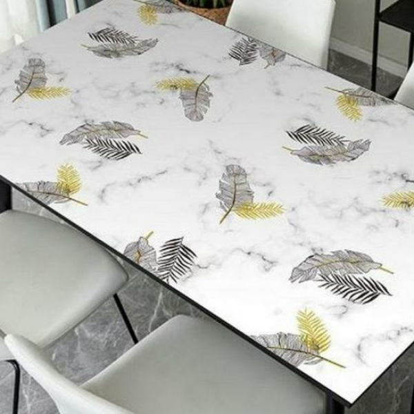 Клеенка силиконовая 0,8*20 м 0,6 мм желто-серые листья на бело-сером мраморе Baizheng