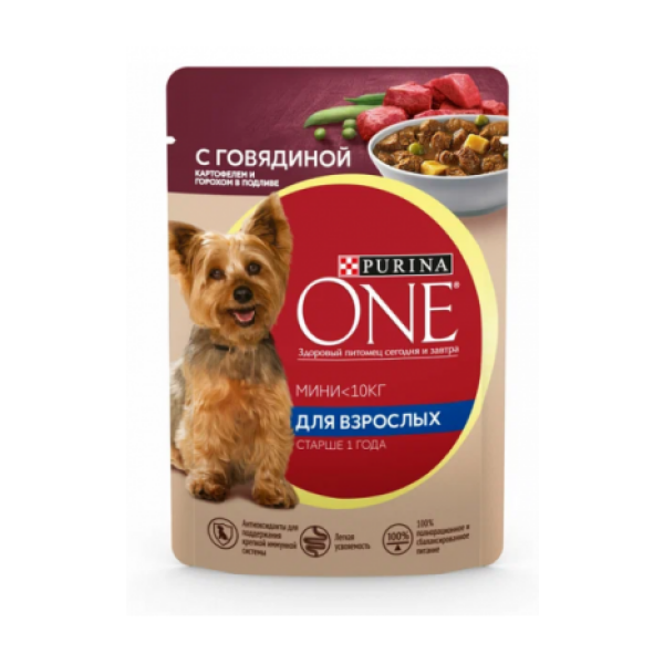 Корм Purina One Мини для взрослых собак с говядиной картофелем и горохом в подливе 85гр