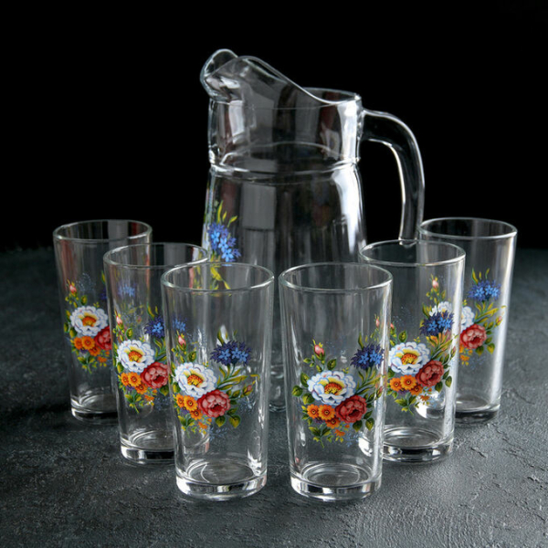 Набор 8 предметов кувшин + 6стаканов+блюдо 10352 Букетик примулы прозрач