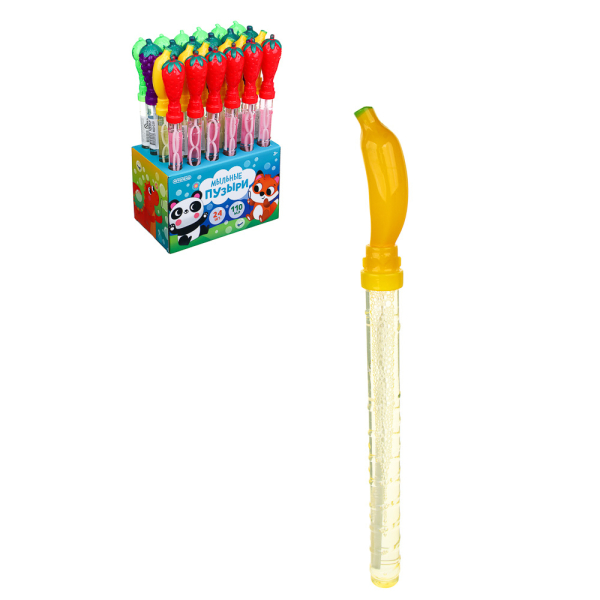 ИГРОЛЕНД Мыльные пузыри с ручкой "Фруктики", PP,PET,PVC, 110мл., мыльный р-р, 37,5х4х4см, 4 дизайна