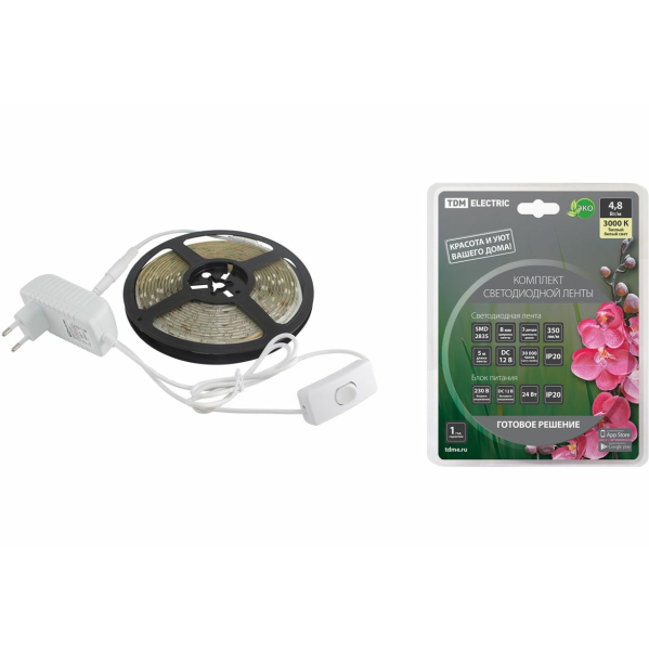 Лента св/д SMD2835 60LED/м 4,8Вт/м 12В IP65 3000K (5 метров) TDM