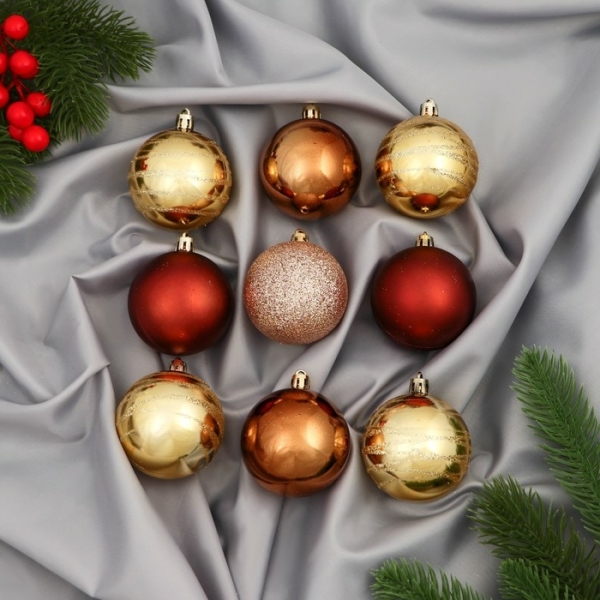 Набор пластиковых шаров d-6см 9шт золото-бордовый Адель