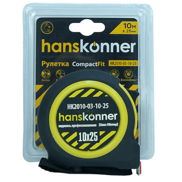 Рулетка 10м*25мм компактный корпус Hanskonner