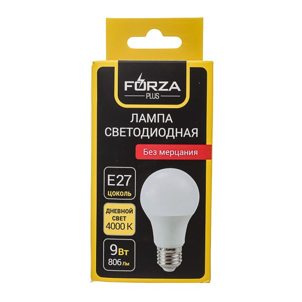 FORZA Лампа светодиодная A60 9 Вт, Е27, 806 Лм, 4000 К, 175-265 В, Ra>80, IRF <5%